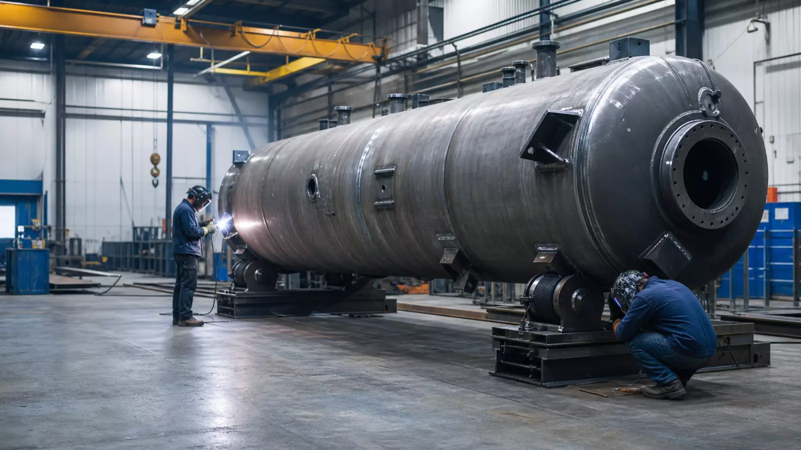Custom industrial steel tank fabrication in the shop