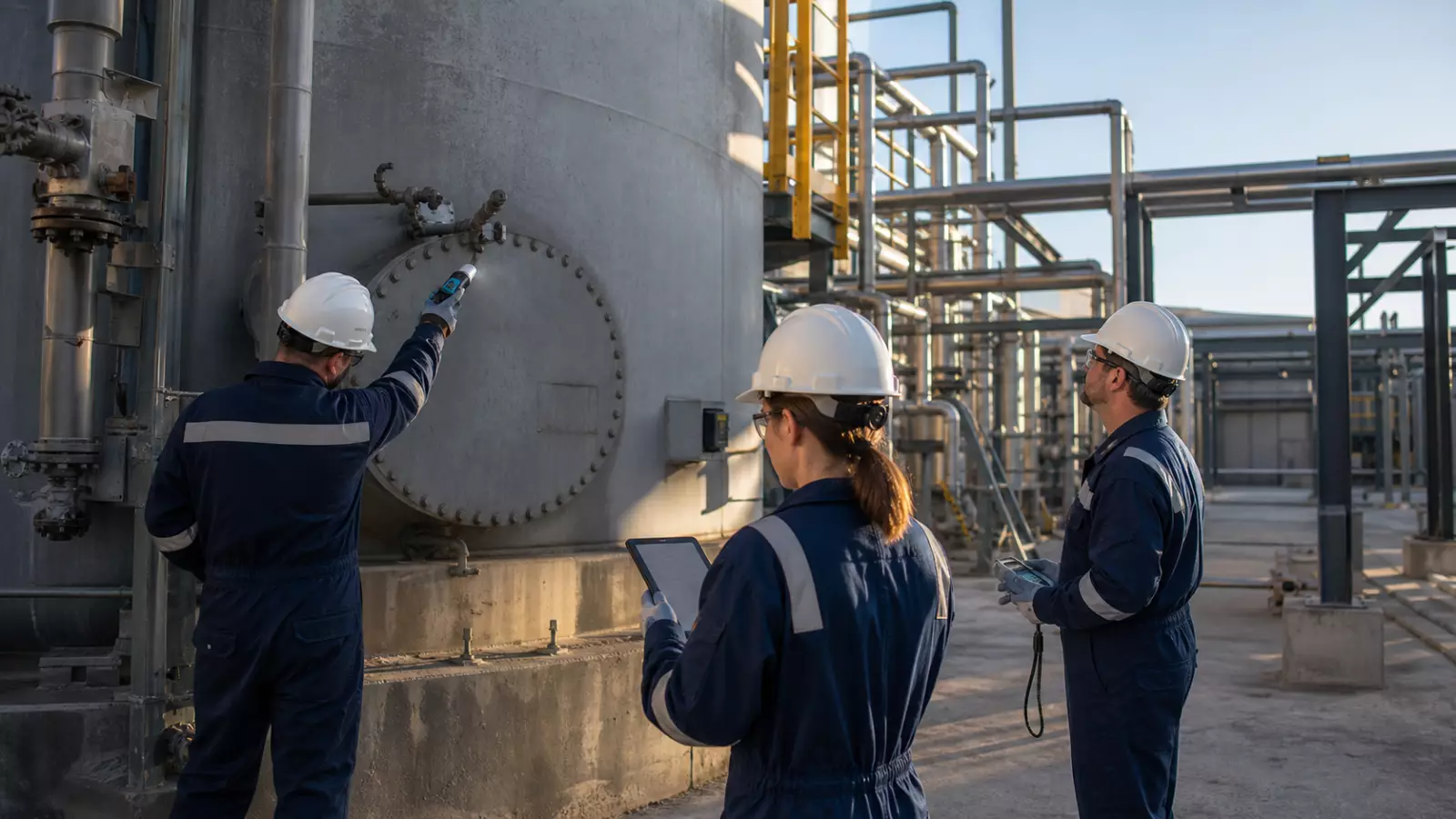 Industrial field service technicians inspecting a process tank and piping