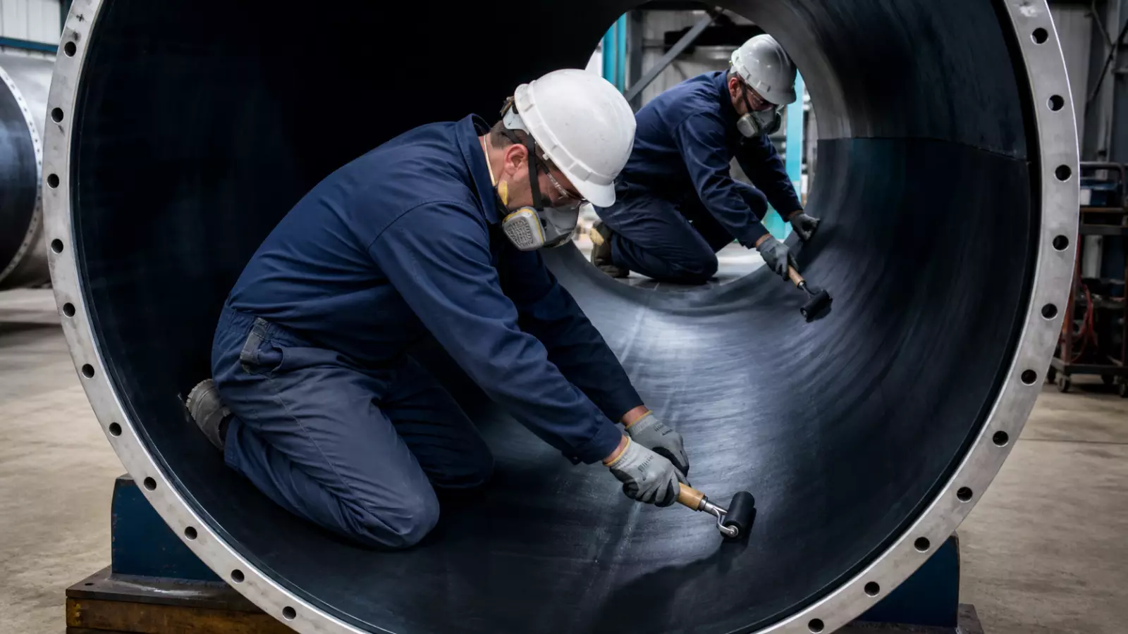 Technicians installing corrosion-resistant rubber lining inside an industrial tank